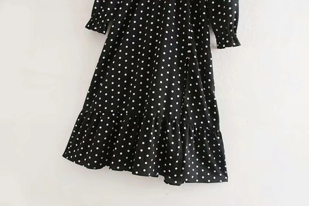 Трендовое черное платье ZA для женщин в горошек с v-образным вырезом и длинным рукавом с эластичной талией с разрезом по подолу элегантное темпераментное осеннее платье