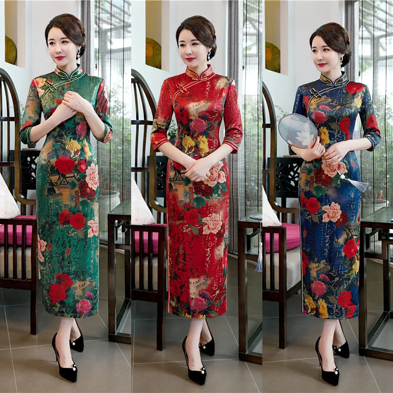 Большие размеры 3XL 4XL 5XL осень новое поступление Винтаж три четверти Cheongsam сексуальное женское Формальное длинное платье с цветочным принтом вискозное Qipao