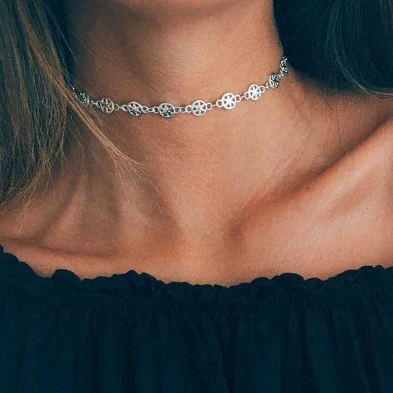 Simple Vintage Style Hollow Flower Metal Star Choker Necklace for Women Geometric Chocker Collar Elegant Jewelry Gift | Украшения и