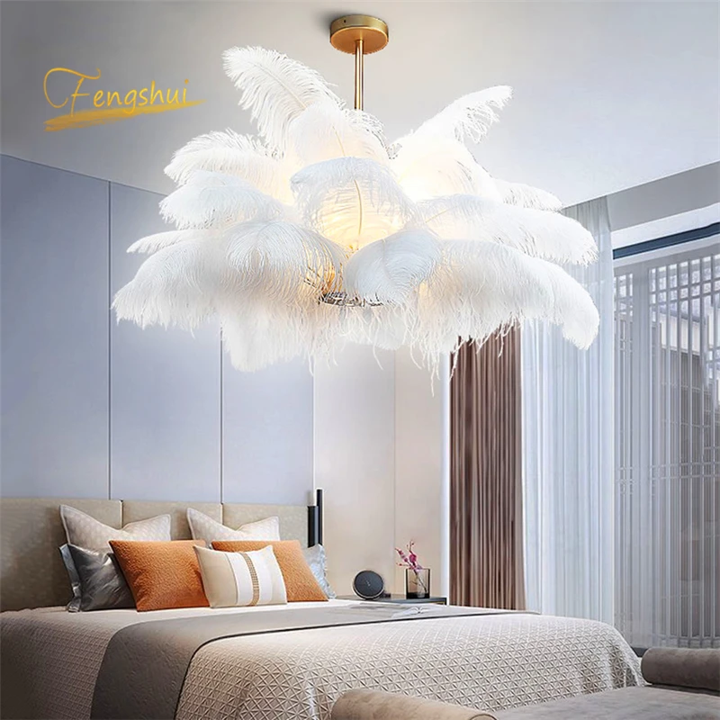 Nordic Pendant Lights Natural Ostrich Feather LOFT Pendant Lamp Bedroom Living Room Restaurant Lighting indoor Deco Hanging Lamp