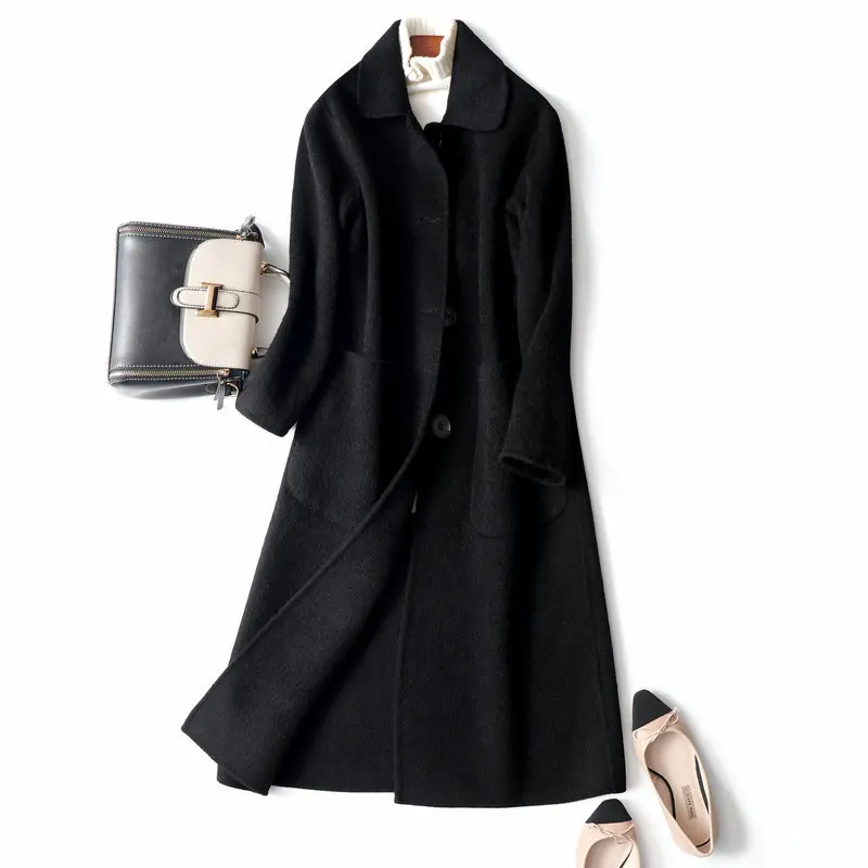 

High Quality Autumn 100% Wool Coat Warm Winter Coat Women Blazer Wool Long Coat Office Lady Slim Female Overcoat Black