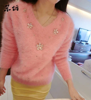 

Knitting Pink Sweater 2020 Autumn Winter Diamonds Beading Mink Cashmere Long Sleeve Casual Thick V Neck Loose Pullovers