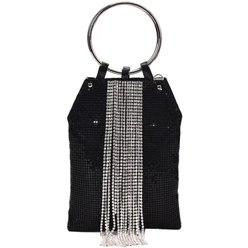 

New Fashion Party Ring Rhinestone Silver Sequin Tassel Chain Dinner Clutch Black