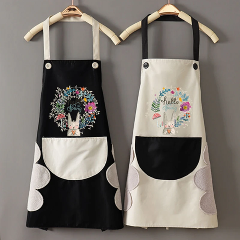 

AA Cute Cartoon Rabbit Kitchen Apron Side Wipe Hands Waterproof Oxford Cloth Japanese Style Bib With Pocket Home Cleaning Tool