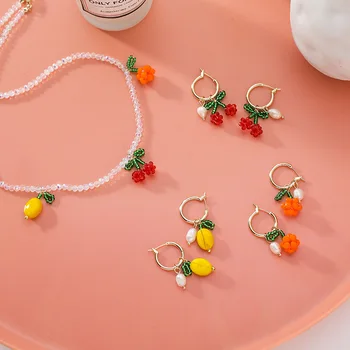 

Fashion Geometry Fruit Handmade Beaded Cherry Orange Lemon Stud Earrings Cute Romantic Freshwater Pearl Earrings Women