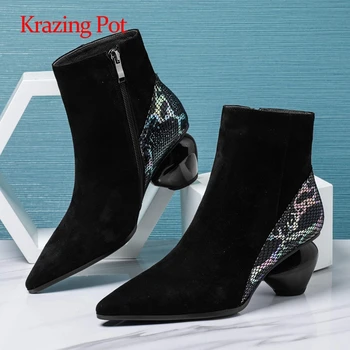 

Krazing pot western boots sheep leather high quality pointed toe high strange heel zipper convenient cozy dress ankle boots L2f5