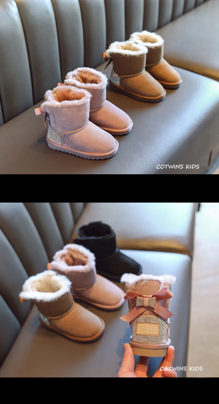 CCTWINS Kids Shoes Winter Children Fashion Rhinestone Snow Boots Girls Genuine Leather Shoes Baby Butterfly Shoes SNB133