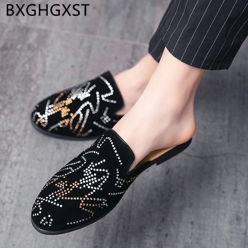 Coiffeur half shoes for men fashion Rhinestone mules shoes men slippers summer black 2020 slippers outdoor mens shoes casual