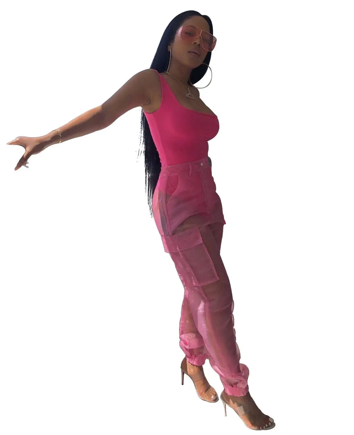 

Summer fashion sexy strapless O-neck solid color jumpsuit high waist gauze fit organza trousers casual set two-piece DWY6587