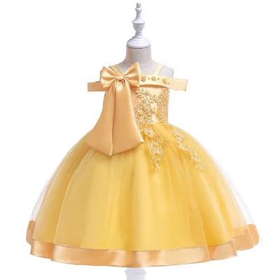 Платье принцессы Цветочное платье с вышивкой и бантом для девочек от 4 до 12 лет, летнее платье для дня рождения, бальное платье, одежда для девочек - Цвет: Yellow