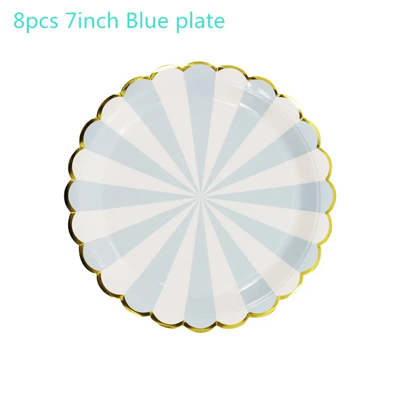 Бронзовая полосатая бумага в горошек одноразовая посуда набор тарелок чашки соломинки детская игрушка в ванную День рождения Свадьба фестиваль вечерние поставки - Цвет: 7inch Blue plate