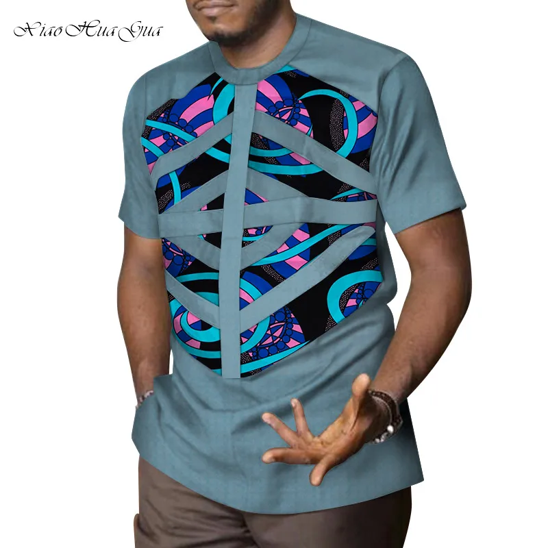 Mens African Clothing Dashiki Patchwork Print Shirt Tops Bazin Riche Casual Cotton Traditional African Clothing WYN958