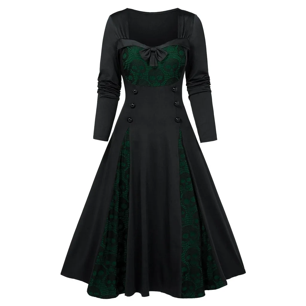 Осень, готическое женское платье, плюс размер, 5XL, на Хэллоуин, с черепом, кружевное платье, на пуговицах, с бантом, платье, винно-красное, черное, зеленое, фиолетовое, туника# G7 - Цвет: Черный
