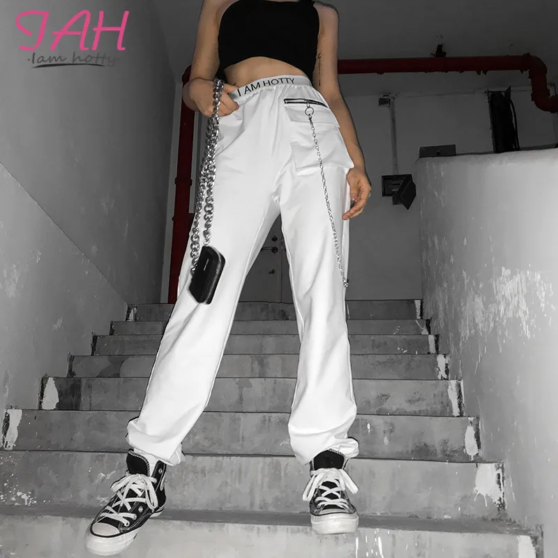 

Iańcuch Do Spodni Pocket Chain Womens Cargo Pants Sports Style Flat High Waist Pants Elastic Waist Iamhotty