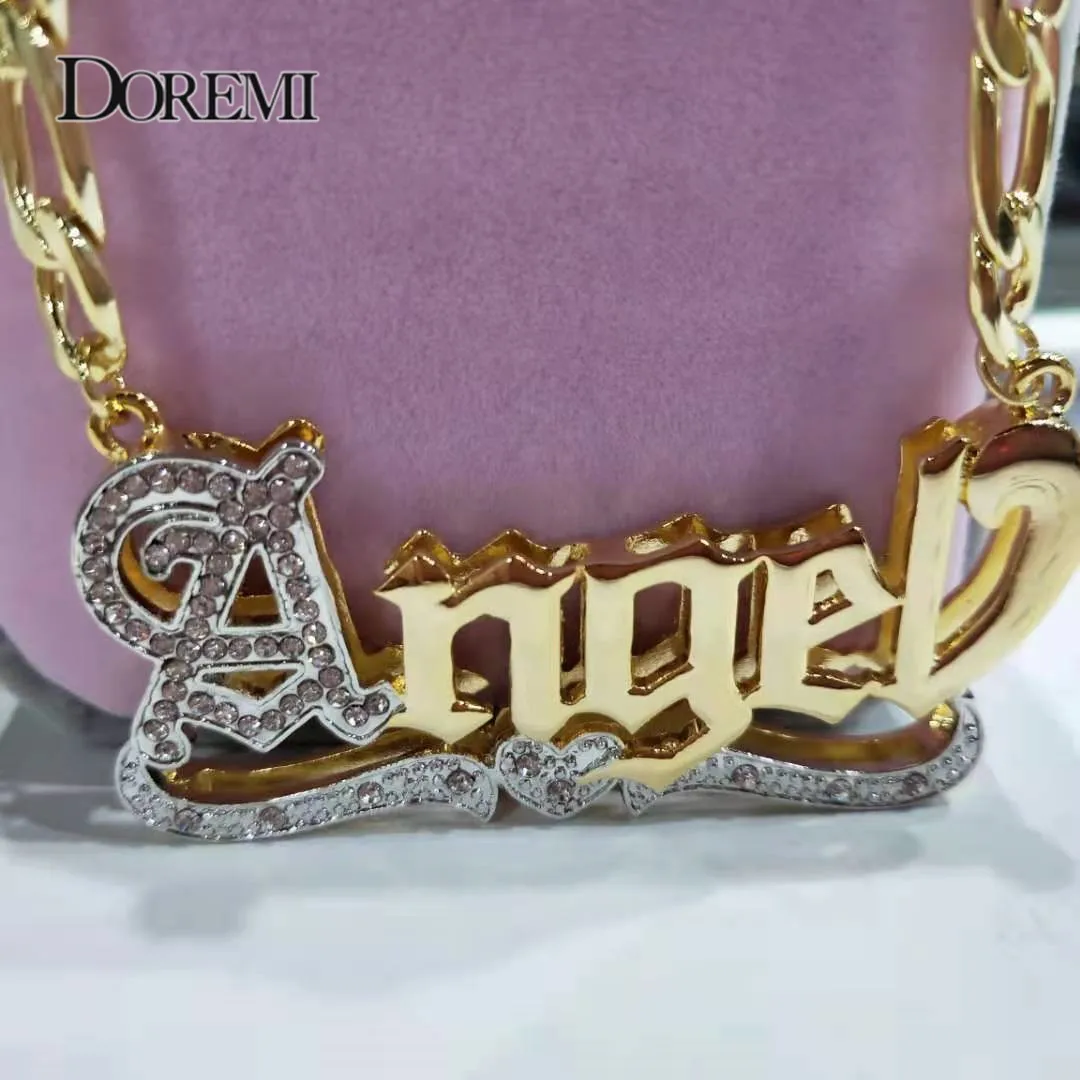 DOREMI 3D Custom Necklaces with Zircon Custom Name Necklaces Name Personalized Double Gold Plated Nameplate Necklace Hip Hop