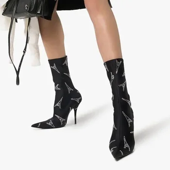 

Pointed Toe Slip On Crystal Tower Studded Boots Black Stretch Sock Booties High Heels Fashion Ladies Autumn Shoes
