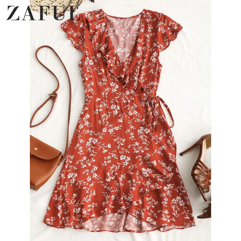 ZAFUL Платье с оборками цветочным принтом Женщины Boho Летнее платье V образным