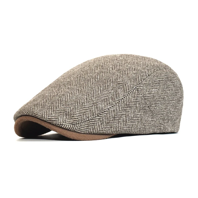 Winter Thick Newsboy Cap Men Vintage Herringbone Women Casual Stripe Berets Gatsby Flat Hat Peaked Cap Adjustable Brown
