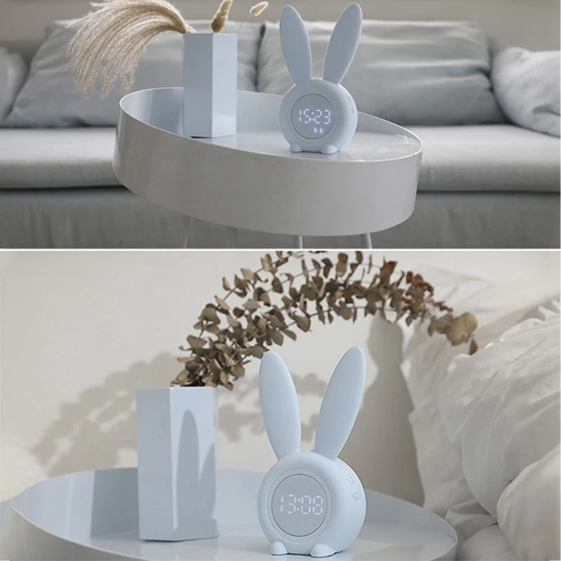Cartoon Rabbit Alarm Clock Kids Sleep Trainer Voice Control Sleep Timer Digital Thermometer Rechargeable Night Light for Kids