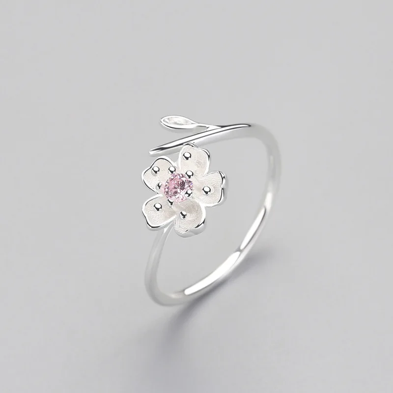 Real 925 Sterling Silver Zircon Enamel Plum Flower Adjustable Ring for Women Romantic Party Bijoux silver rings silver ring