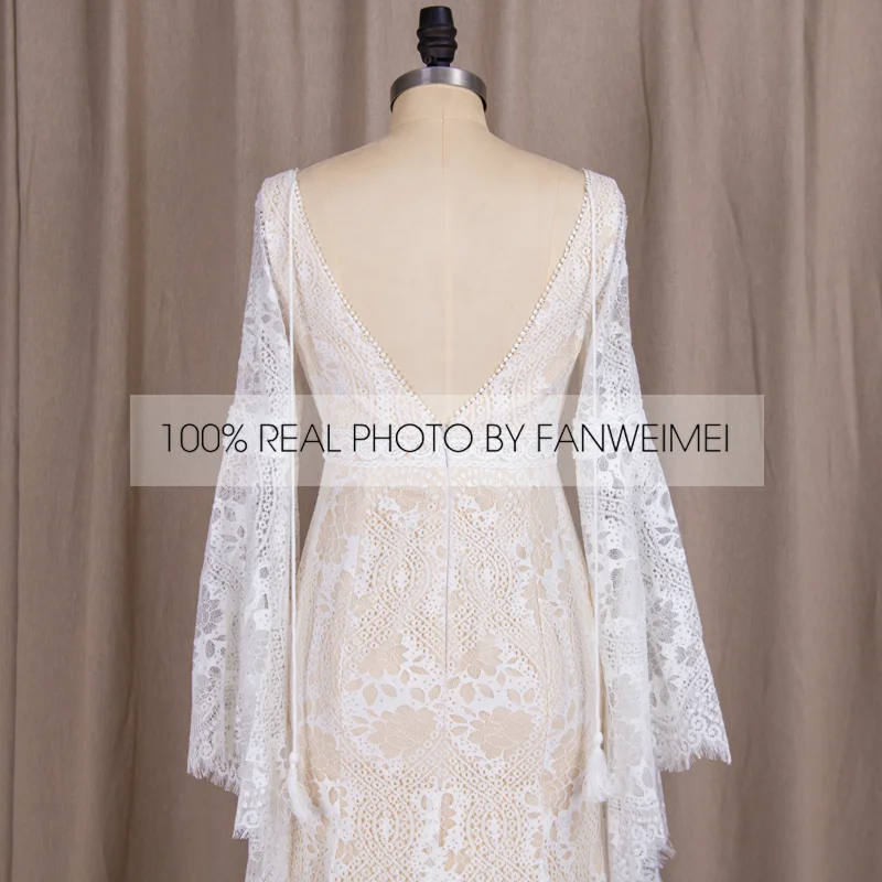 803#2021 New Design Long Lantern Sleeve Empire V-Neck Backless Small Train Beauty Backless Lace Boho Beach Wedding Dresses Women modest wedding dresses