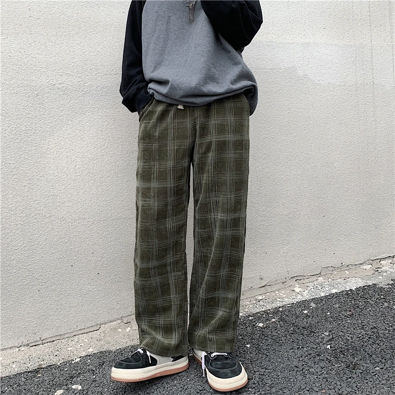 Wide Leg Pants Men Spring Casual Plaid Vintage BF Couple Straight Corduroy Streetwear Harajuku Oversize S-3XL