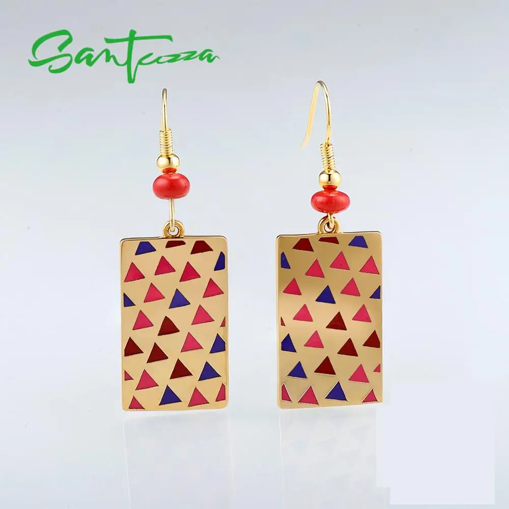 

SANTUZZA Brass Earrings for Women Yellow Gold Color Red Sea BamBoo HANDMADE Enamel Geometric Earrings Party Fashion Jewelry