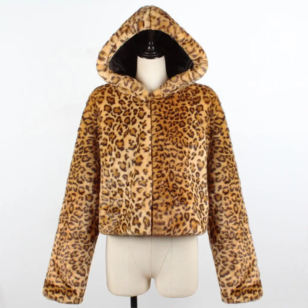 Women Leopard Print Coat Winter Hooded Jacket Lady Faux Fur Coat Sexy Short Outerwear Jacket Fleece Streetwear Casual Overcoats