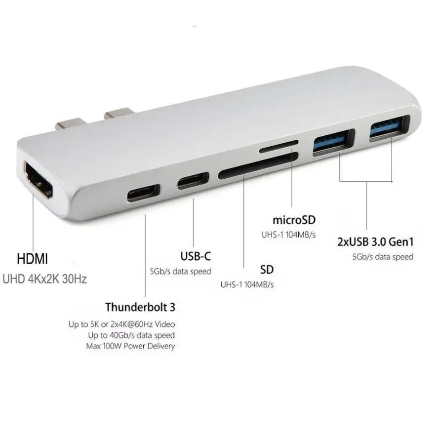 Концентратор USB type C адаптер Thunderbolt 3 7в1 двойной type-C док-станция с 4K HDMI USB 3,0 TF SD слот PD для MacBook Pro