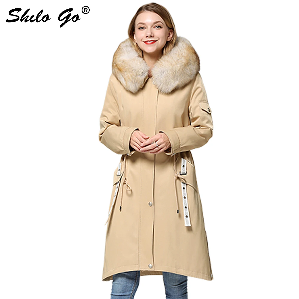 

Fur Parkas Highstreet Real Fox Fur Collar Hooded Fur Lining Long Coat Women Winter Casual Rivet Detail A Line Outwear Female