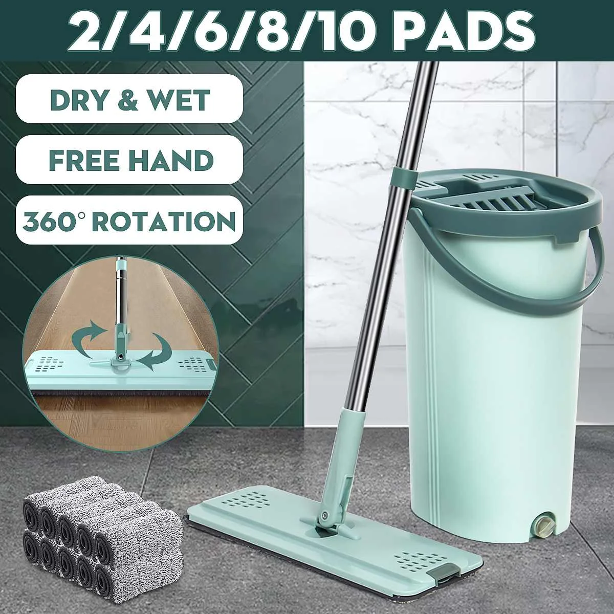

Spray Flat Squeeze Mop Hand Free Wringing Wet Dry House Wooden Floor Cleaning Lazy Mops with Bucket Replacement Microfiber Pads