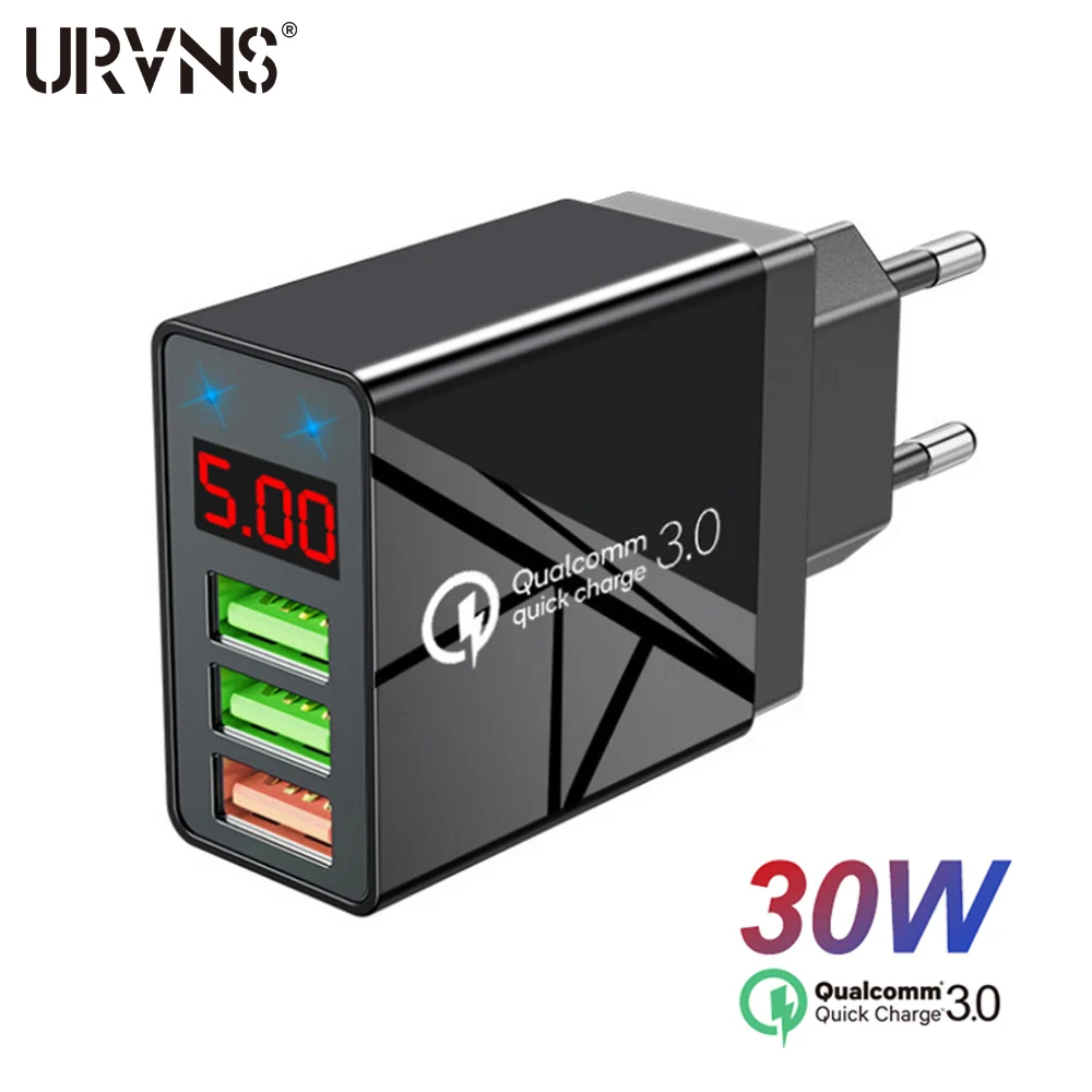 Urvns 30w 48 display digital qc3.0 usb carregador rápido para iphone adaptador 3a carregamento rápido parede carregadores do telefone para samsung xiaomi