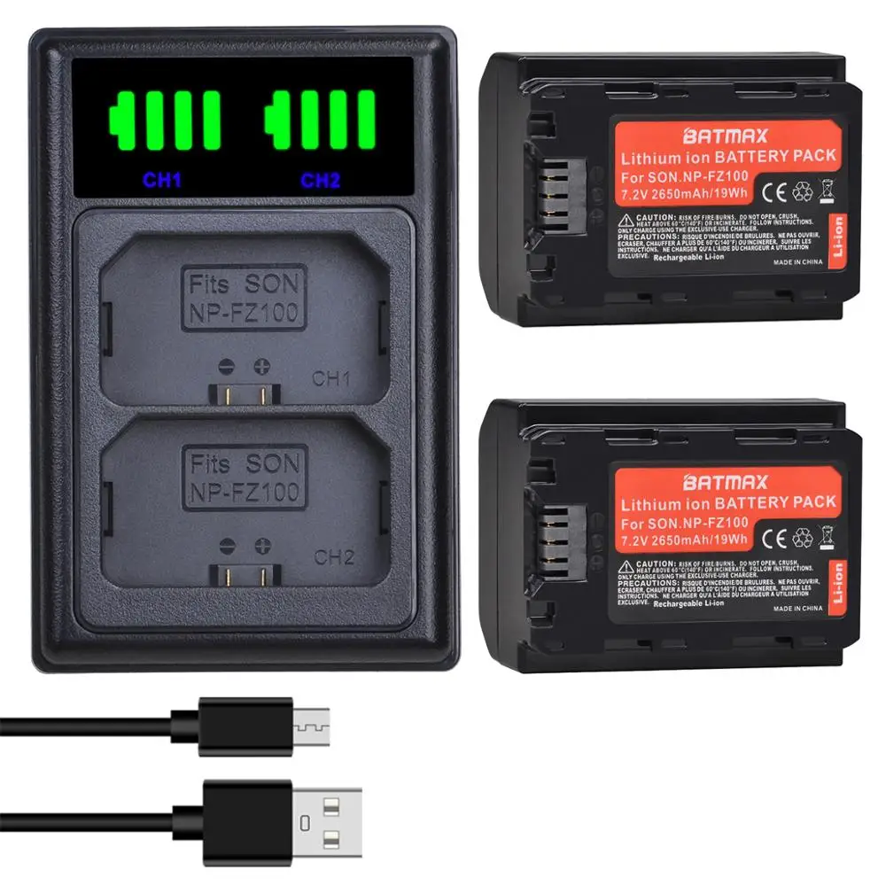 Batmax NP-FZ100 배터리 및 신형 LED 듀얼 USB 충전기,  알파 A9 A9R BC-QZ1,a7 iii, a7R iii,A6600,A6700, FZ100 배터리, 2650mAh