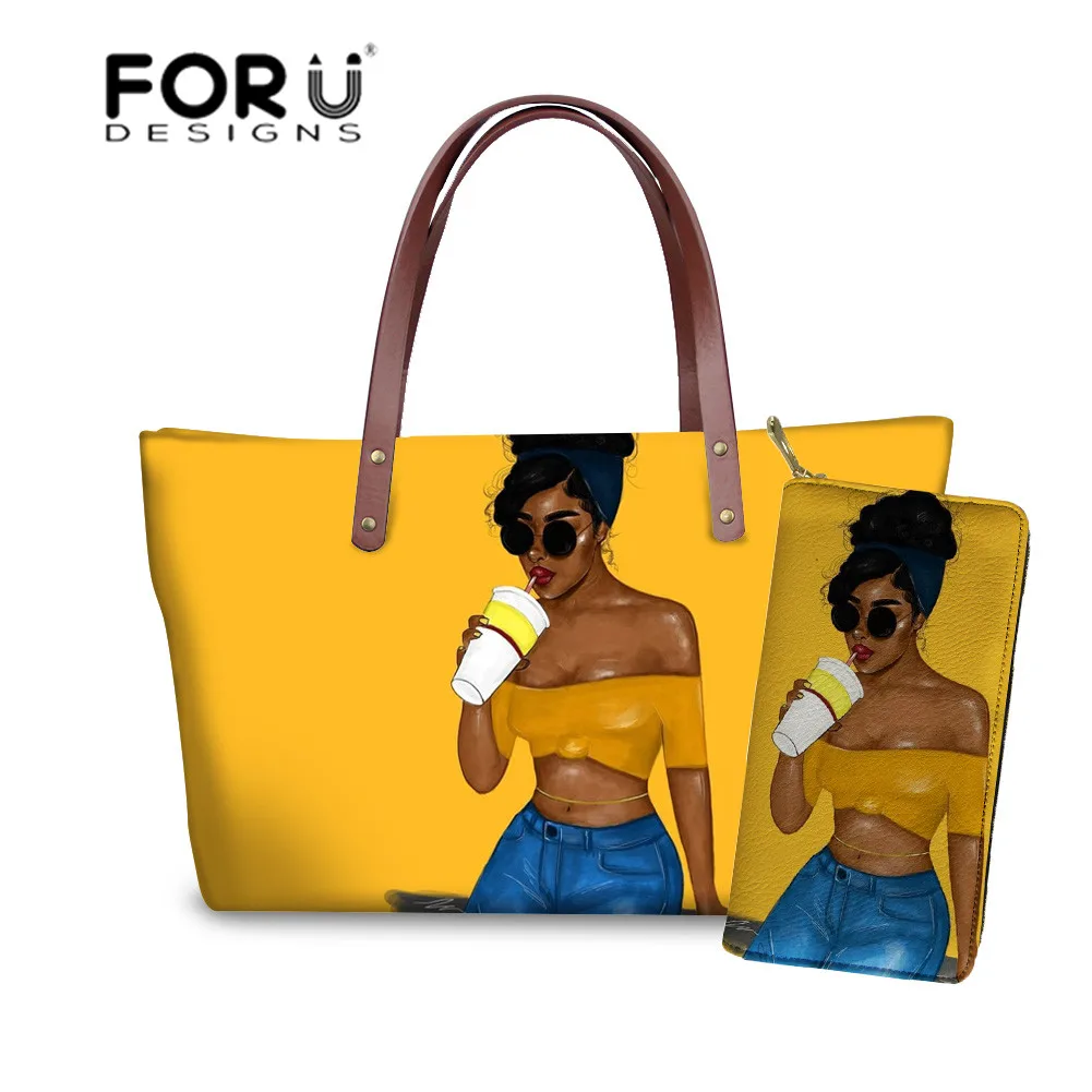 

Women Handbag Black Afro Girls Printing Handbags&Purse for Ladies 2pcs/set Shoulder Totes Females Summer Beach Bags