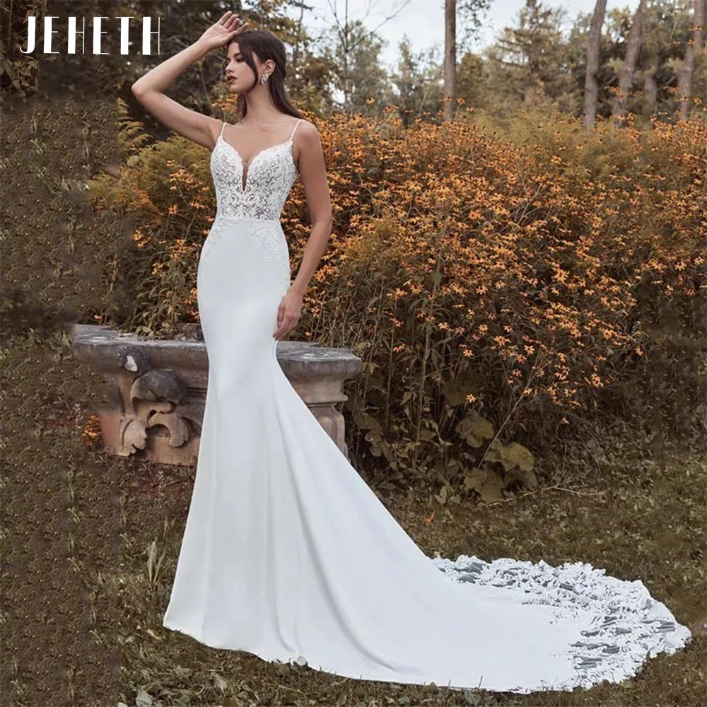 ball gown wedding dress JEHETH Lace Applique V-neck Satin Mermaid Wedding Dresses Elegant Spaghetti Straps A-line Open Back Bridal Gown Robe De Mariee bridal gowns