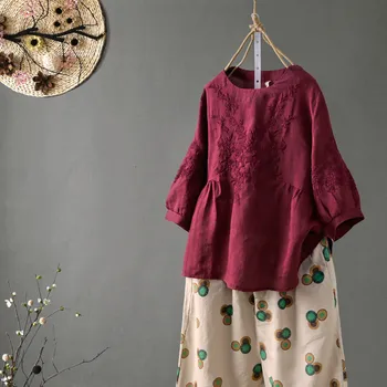 

vintage embroidery women blouse 2020 summer new solid short-sleeved loose A-line female lady elegant pulls tops