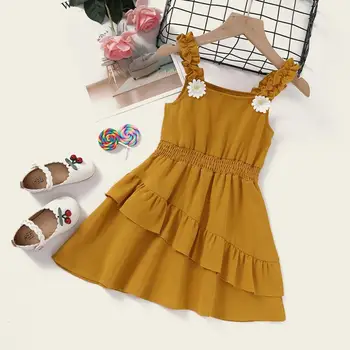 

Micol Emilly Solid Color Kids Girls Dress Sling Asymmetrical Tiered Summer Baby Girls Dress