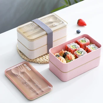 

1000ml Protable Lunch Box Double Layer Wheat Straw Bento Boxes Microwave Dinnerware Food Storage Container Lunchbox