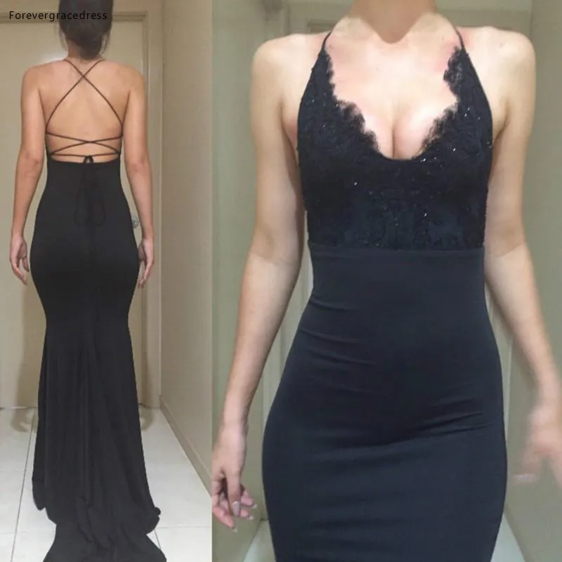 Sexy Black Mermaid Evening Dresses V Neck Spaghetti Straps Lace Satin Backless Long Prom Dresses Formal Gowns Sweep Train 99jpg (5)