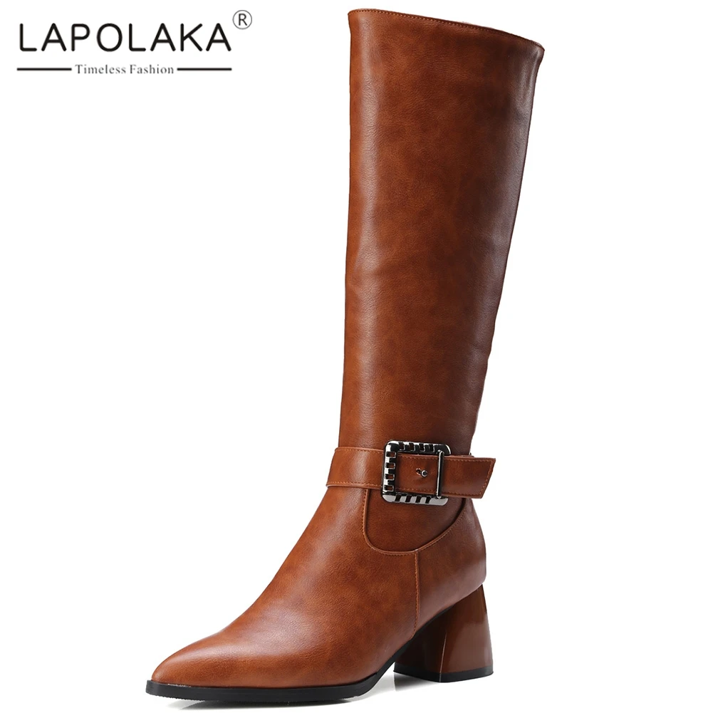 Lapolaka/ г. Новинка, ботинки до середины икры с острым носком размера плюс 32-48 женская обувь на толстом каблуке на молнии женские ботинки