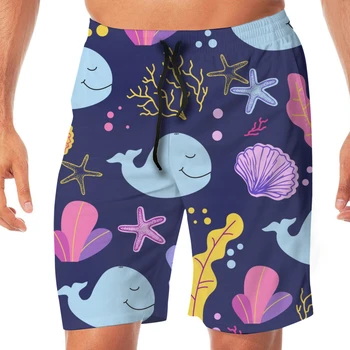 

Cartoon Whale Seachells Sea Corals Men's Beach Pants Quick Drying Beach Shorts Swimming Surfing Boating Water Sports Trunks
