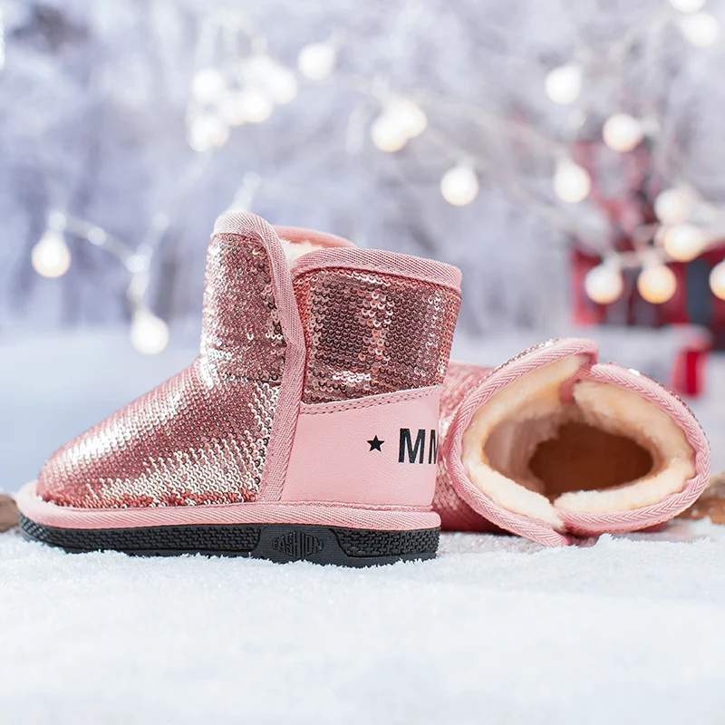 

2019 Winter Kids Fashion Princess Girls Snow Boots Warm Flat Round Toe Kids Shoes Baby Children's Pink Black Soft bling Boots