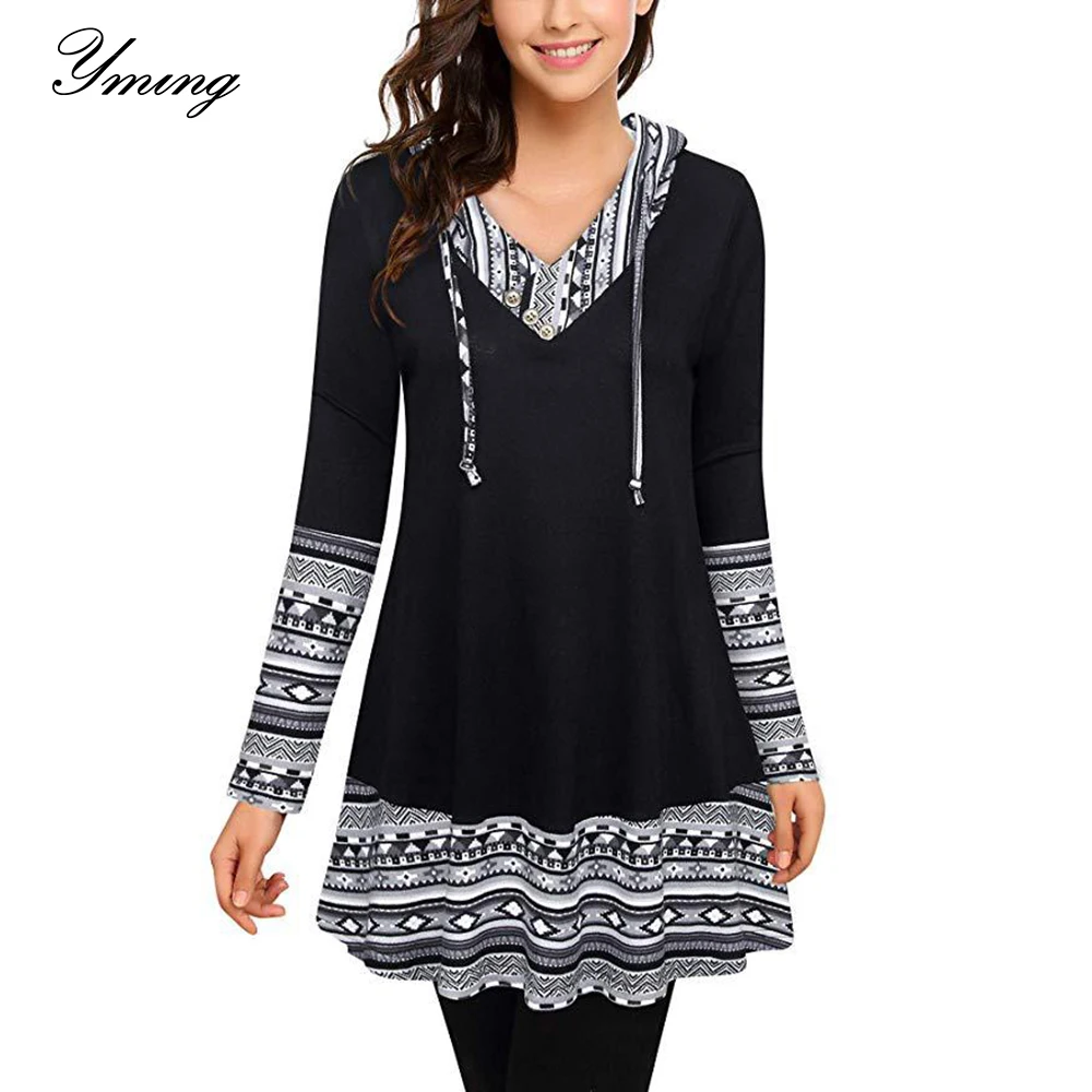 

Женская футболка с капюшоном YMING, повседневный Свободный Топ с длинным рукавом и V-образным вырезом