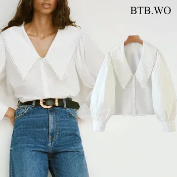 

BTB.WO Women 2020 Fashion Turn Down Collar Lantern Sleeve Short Shirt Office Long Sleeve Female Shirts Blusas Chic Tops