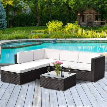 

4 pcs Patio Rattan Cushioned Outdoor Rattan Wicker Chaise Lounge Love Seat Steel Tube Construction Water Resistant Beach Chairs