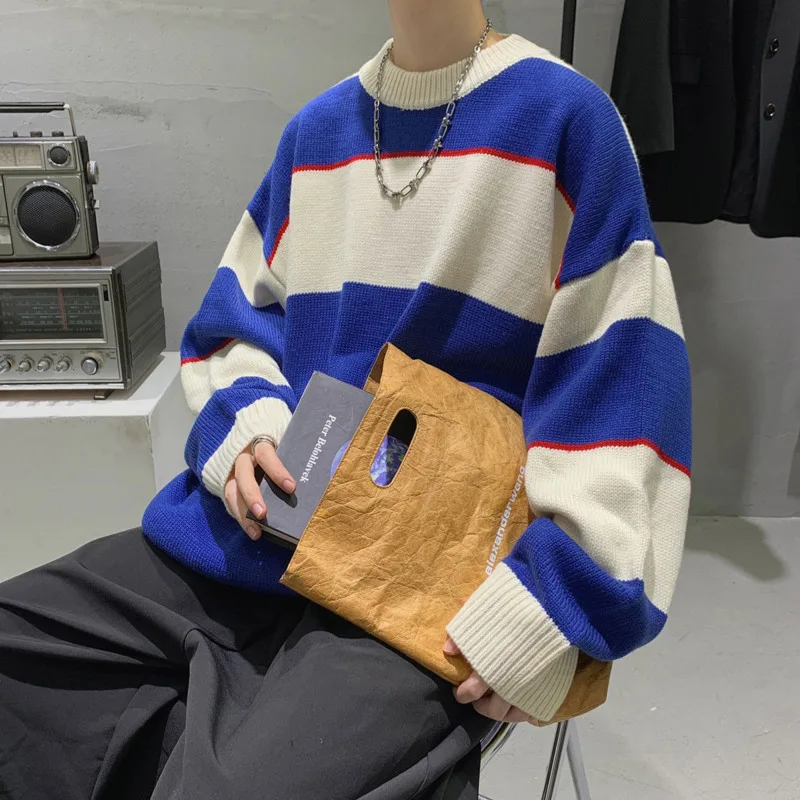 

Korean Striped Sweater Men's Warm Fashion Casual Knit Pullover Men Wild Loose Autumn Winter Knitting Sweaters Mens Clothes M-2XL