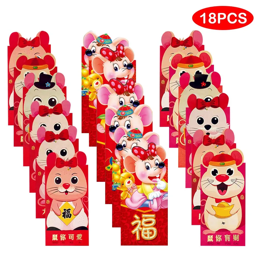 Besegad, 18 шт., Мультяшные,, китайские, лунные крысы, год, Hongbao, красные, счастливые конверты, Весенний фестиваль, Hong Bao, счастливые пакеты для денег