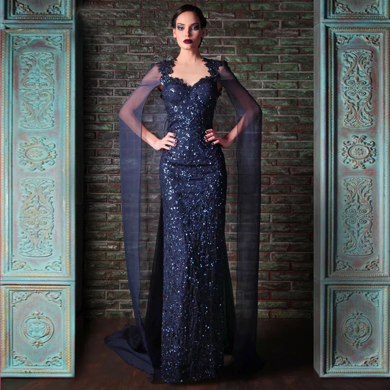 

De Festa Vestido Longo Dark Blue Sequined Unique Mermaid Sparkly Evening Dresses with Shawl Arabic Evening Gown Abendkleider