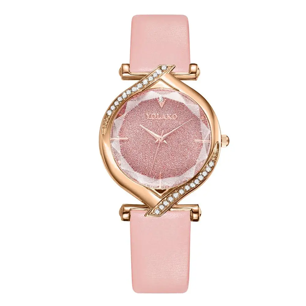 YOLAKO, женские часы из нержавеющей стали с кожаным ремешком, движущиеся бриллиантовые часы, роскошные женские кварцевые стразы, часы для женщин - Цвет: Розовый