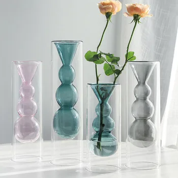 

Nordic INS Transparent Glass Vase Office Desktop Double Layer Test Tube Hrdroponics Flower Vase Home Decoration Wedding Gift